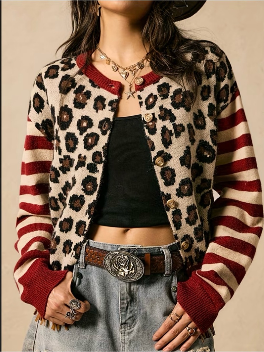 SALE, TIDAY ONLY! PRICE FIRM! Leopard Print Cardigan Stripe Sleeve Button Front - Picture 6 of 10